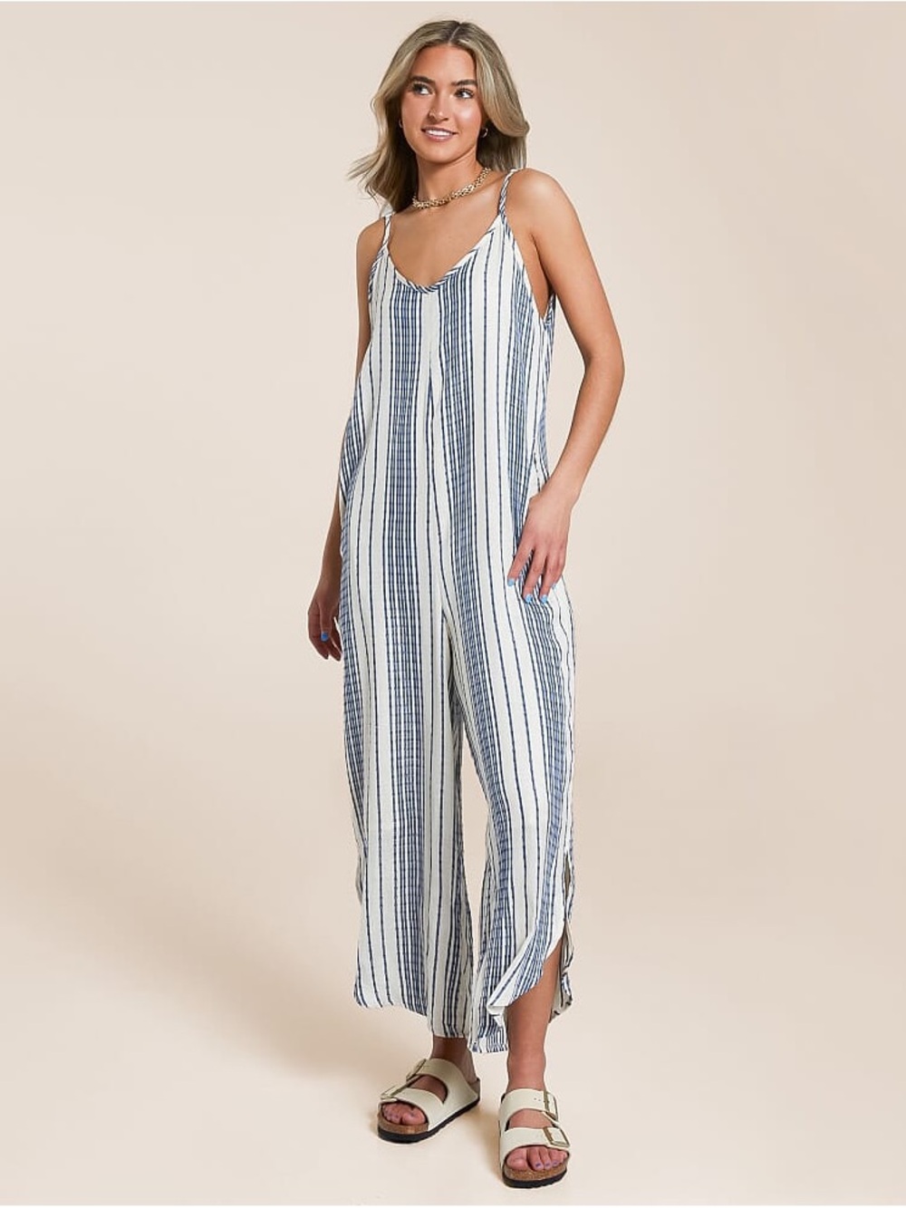 Striped Sleeveless Wide-Leg Jumpsuit - White & Navy